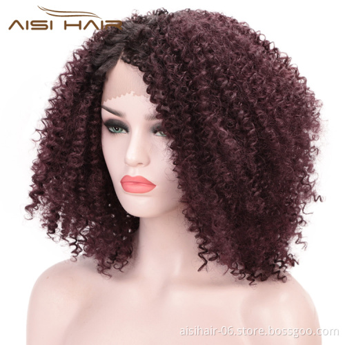 Aisi Hair 14 Inch Short Ombre Brown Dark Root Wig Afro Kinky Curly Lace Front Wig Synthetic Front Lace Hair Wigs For Black Women